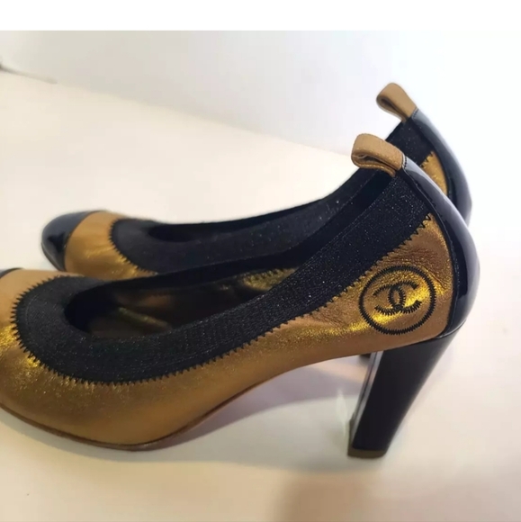 Authentic Chanel Designer Gold Black Womens Stretch Pump Heels EUR 36 US… - Picture 3 of 11